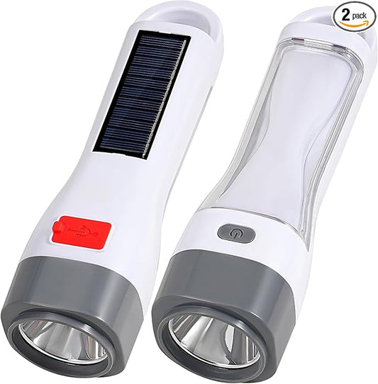2 Pack Solar LED Flashlight for Power Outages, Rechargeable Camping Flashlights with High Lumens, 5 Modes, Powerful and Bright Tactical Flash Light for Emergency, Outdoor, Home Use