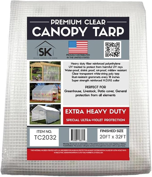 16 Mil Clear Poly Heavy Duty Tarp with Fiber Reinforcement - True Size Tarps with UV Protection, Tear Resistance, Flexibility, Reinforced Corners 20x32