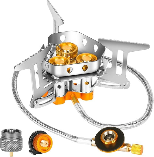 9900W Portable Windproof Camping Stove - High-Power Gas Stove with Piezo Ignition, 1LB Propane & Butane Adapters for Outdoor Cooking, Hiking, Camping & Picnics