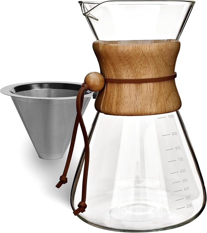 AGOGO Pour Over Coffee Maker Glass - 6/8/10 Cup Barista Kit with 304 Stainless Filter for Home, Office, Camping, Cafes - Easy Clean Coffee Dripper Set (Rag&Brush Included) (10 Cup/34 oz-Slim Shape)