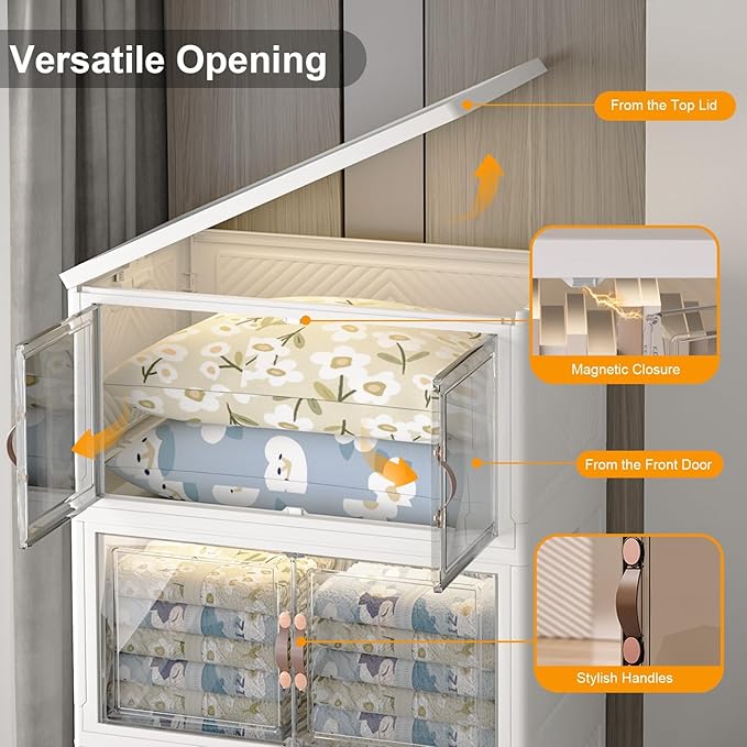 Extra Large Stackable Storage Bins with Lids & Wheels & Door, 1280QT-160QT/40GAL*8Pack Foldable Collapsible Closet Organizers, Plastic containers drawers for bedroom Dorm