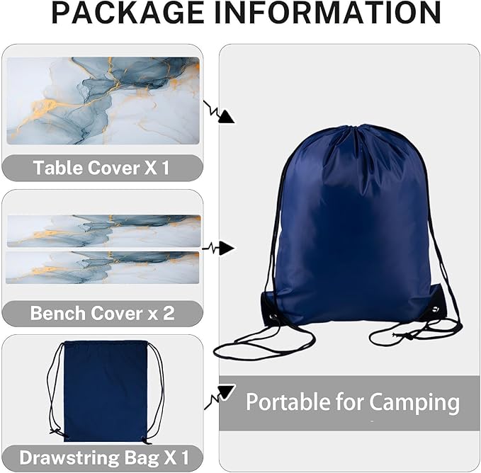 CAPSCEOLL Picnic Table Cover with Bench Covers 8Ft Waterproof Camping Tablecloth All-Weather Outdoor Table Protector with Drawstring Bag for Camping Essentials, 96X30In, Grey White