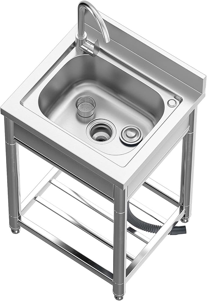 Free Standing Stainless-Steel Single Bowl Commercial Restaurant Kitchen Sink Set w/Faucet, Prep & Utility Washing Hand Basin w/Storage Shelve, laundry tub for Indoor Outdoor (22in)