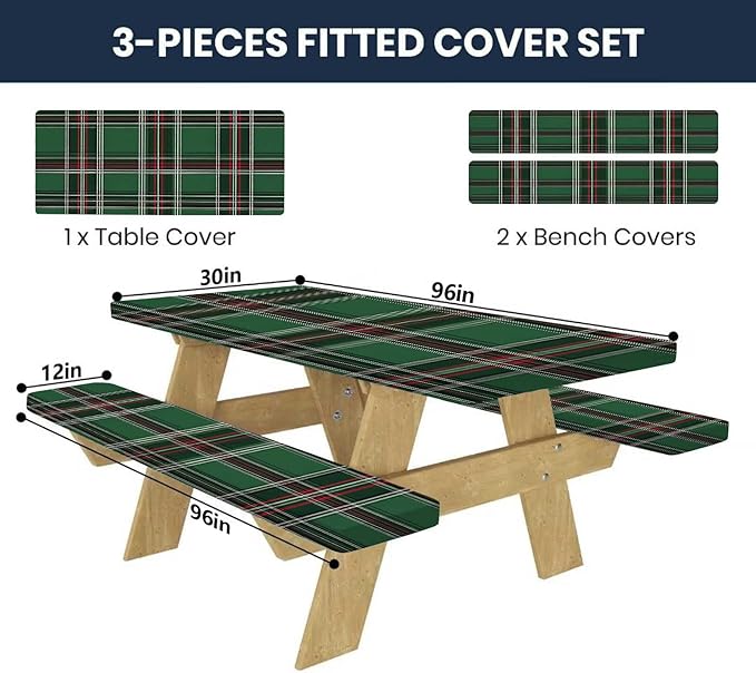 CAPSCEOLL Fitted Picnic Table Cover with Bench Covers with Elastic 8Ft Waterproof Picnic Table Cloths Windproof Outdoor Camping Tablecloth with Drawstring Bag, 96X30in, Christmas Green Buffalo Plaid