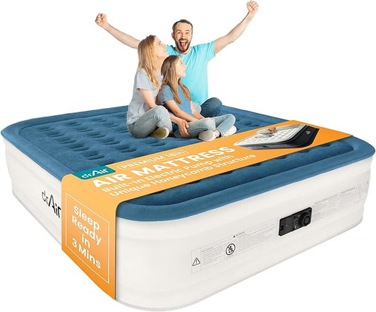 King Air Mattress, 18” Raised Inflatable Bed with Built-in Pump, Waterproof Velvety Top, Ergonomic Design, Reinforced Support, and Carry Bag for Home, Camping, and Guests