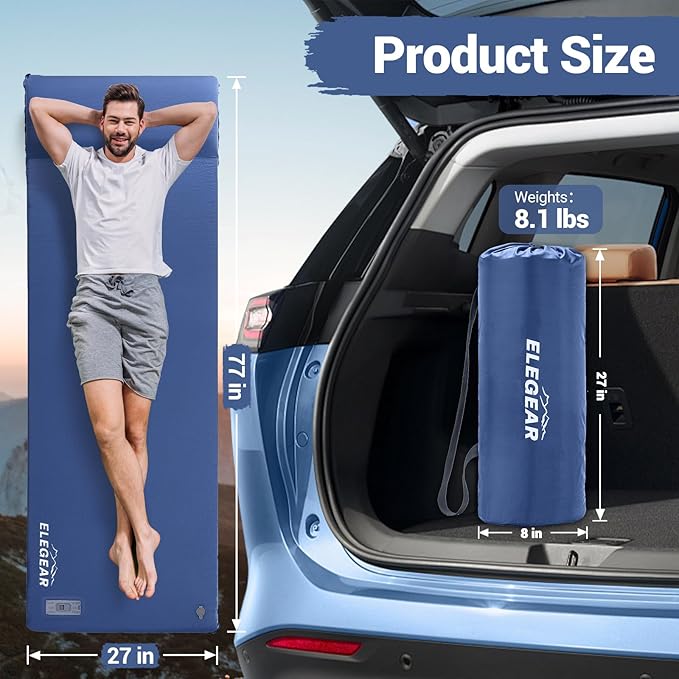 Elegear Self Inflating Sleeping Pad, Built-in Electric Pump 3.1" Ultra-Thick Memory Foam Camping Mattress with Pillow Foam Sleeping Pad for Camping R-Value 9.5 Foam Camping Pad for Car/Traveling