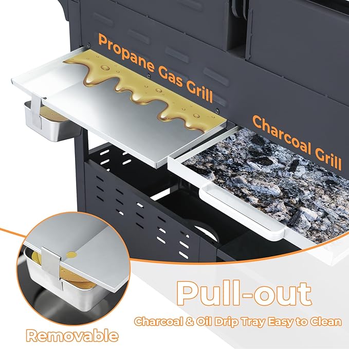 Gas and Charcoal Grill Combo with Side Burner, Dual-sided Frying Plate, Thermometer, Wheels, Side Table, 37,230BTU Gas Grill for Patio, Garden