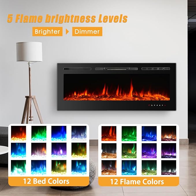 CharaVector 60 inch 750W/1500W Electric Fireplace Inserts with Remote Control in Wall Mounted, Energy Saving LED Insert Fireplace Heater Indoor Glass View with Remote Control & Touch Screen, Black