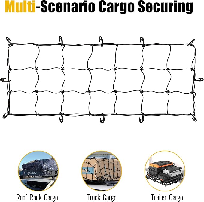 ARKSEN 57" x 21.5" Heavy Duty Tangle-Free Nylon Cargo Net (8" x 8" Mesh) - Universal Bungee Net Stretches to 80" x 40" for Pickup, Trucks, SUV, Roof Racks, and Travel Luggage Racks