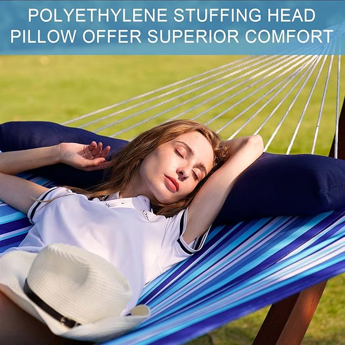 Lazy Daze Hammocks 12 FT Quilted Fabric Double Hammock with Spreader Bars and Detachable Pillow, 450 LBS Weight Capacity, Mixed Blue Stripes