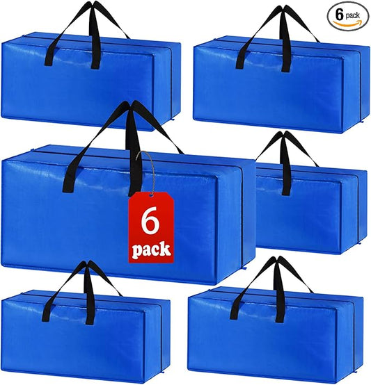 6 Pack Heavy Duty Extra Large Moving Bags Storage Tote - Strong Handles& Backpack Straps - Space Saving Storage Bags Alternative to Moving Boxes and Bins,Compatible with Ikea Frakta Cart, Blue