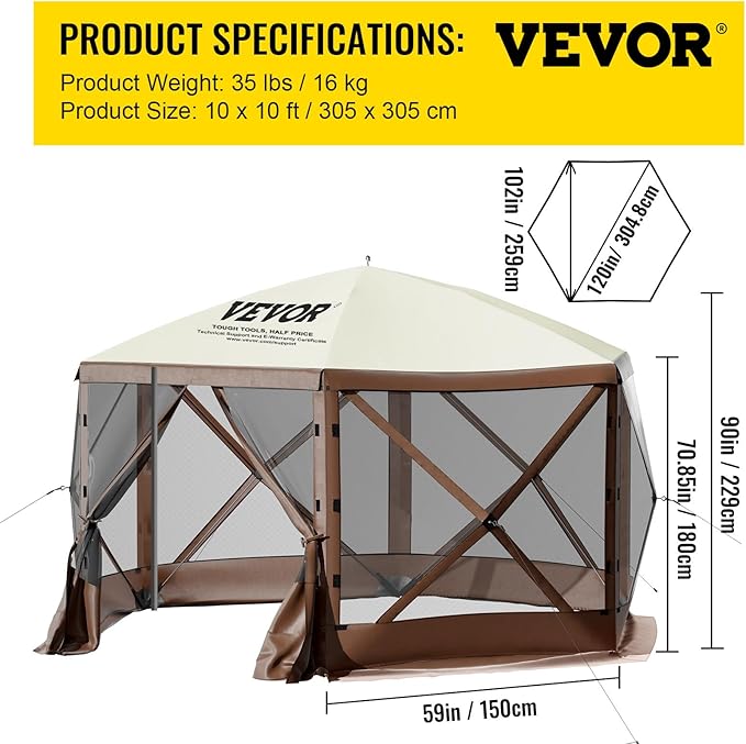 VEVOR Pop Up Gazebo Screen Tent, Pop-Up Instant Gazebo Tents with Mosquito Netting Outdoor Canopy, 6 Sided Sun Shelter 10x10ft with 6 Removable Wind Cloths & 2 Mesh Windows, Pavilion Tent for Patio