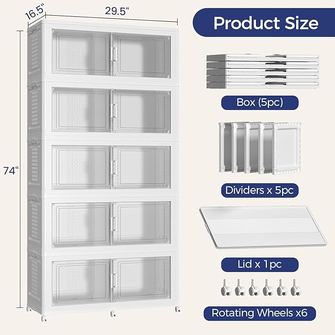 200GAL Extra Large Storage Bins with Lid, 800Qt Stackable Closet Organizers and Drawers, Collapsible Storage Bins with Wheels, Folding Storages Cabinet for Home Bedroom Office, 5Pack White
