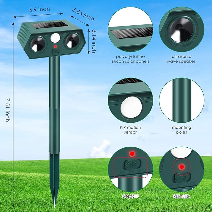 2 Pack Solar Ultrasonic Animal Repellent Outdoor,Deer Repellent Devices Motion Detection,Cat Squirrel Rabbit Repellent for Garden Yard,Waterproof Animal Repeller for Skunk Dog Racoon Rodent