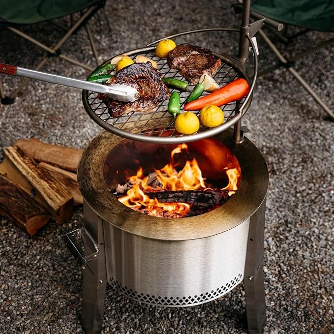 Breeo Smokeless Fire Pit to-Go Bundle (Y Series Stainless Steel, Outpost Grill & to Go Case) | 21 inch Smokeless Firepit for Outside | Ideal for Families