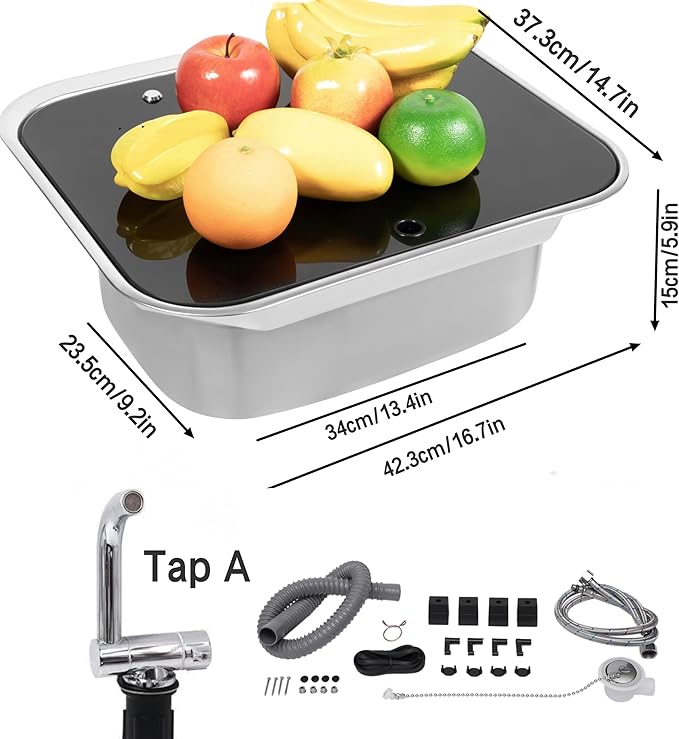 15x17 In Undermount RV Bar Kitchen Sink Workstation with Folding Faucet A and lid, 304 Stainless Steel Single Bowl Hand Wash Basin Drop in Sink Caravan Camper Van Boat Home Mobile Trailer