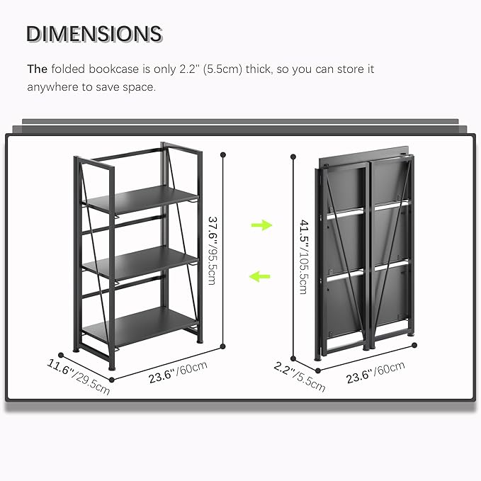 4NM No-Assembly Folding Bookshelf Storage Shelves 3 Tiers Vintage Bookcase Standing Racks Study Organizer Home Office (All Black)