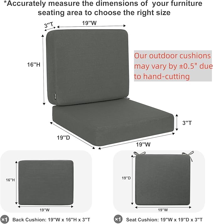 Favoyard Outdoor Deep Seat Cushion Set, 19 x 19 Inch Rainproof & 3-Year Fade Resistant Patio Furniture Cushions, Removable Seat Bottom & Back Cushion covers with Ties for Chair, Sofa, Couch, Dark Grey