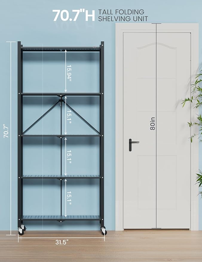 ALANNG 70.7" H Metal Storage Shelves, 5 Tier Folding Shelf on Wheels, Heavy Duty, No Assembly, Rolling, Collapsible Rack Unit for Kitchen, Basement, Pantry (Black,3 Pack)