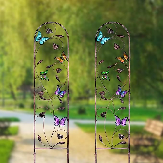 aboxoo Set of 2 Packs Butterfly Metal Garden Trellis for Climbing Plants,Outdoor Decorative Flowers Arch Fence Trellis for Outdoor Patio,Garden,Lawn,Yard,Backyard,Wall Brackets,60'' H x 11'' W