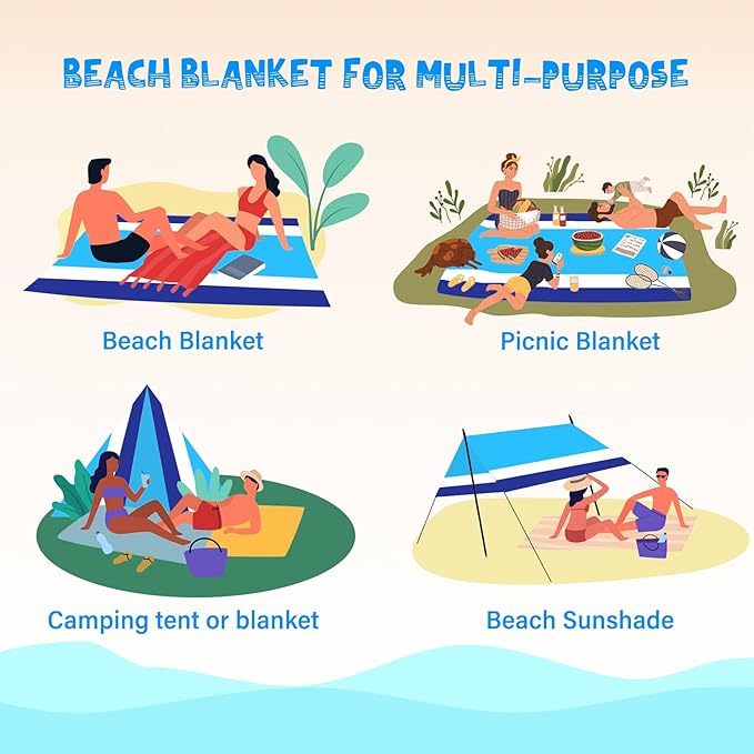 Beach Blanket Waterproof Sandproof 1-7 Adult Oversized 78 '' × 81 '' Lightweight Durable Compact Sand Free Beach Mat for Travel Camping Hiking Picnic Blanket