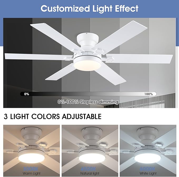 52" Low Profile Ceiling Fans with Lights and Remote, Modern Indoor Ceiling Fans with 3 Colors 6 Speeds, White Flush Mount Ceiling Light Fans for Bedroom