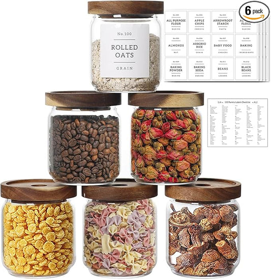 16 OZ Stackable Glass Food Storage Jars with 132 Pantry Labels Preprinted - 6 Pcs Thicken Glass Storage Containers with Airtight Acacia Lid - Clear Kitchen Canister for Spice, Tea, Coffee, Sugar