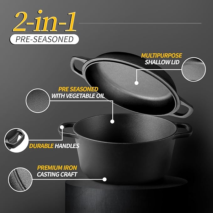 2-in-1 Pre-Seasoned Cast Iron Dutch Oven Pot with Skillet Lid Cooking Pan, Cast Iron Skillet Cookware Pan Set with Dual Handles Indoor Outdoor for Bread, Frying, Baking, Camping, BBQ, 5QT