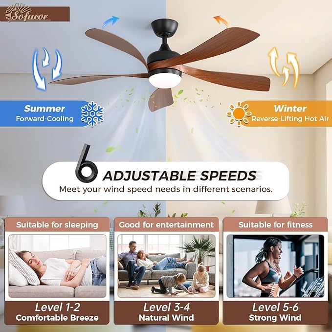 Sofucor 52 Inch Ceiling Fans with Lights and Remote, Outdoor Ceiling Fan with Light 6-Speed 3 CCT 3-Timer, Low Profile Ceiling Fan 5 Blade Reversible DC Motor for Living Room Bedroom Patio