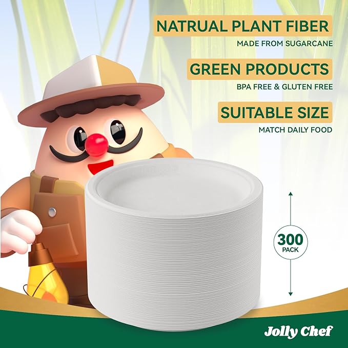 JOLLY CHEF Compostable Heavy Duty Plates 9 Inch [300 Pack] Eco-Friendly Disposable Natural Paper Plates Bagasse Biodegradable Bulk for Party Dinner Sugarcane Fibers Round 300 Count(White)