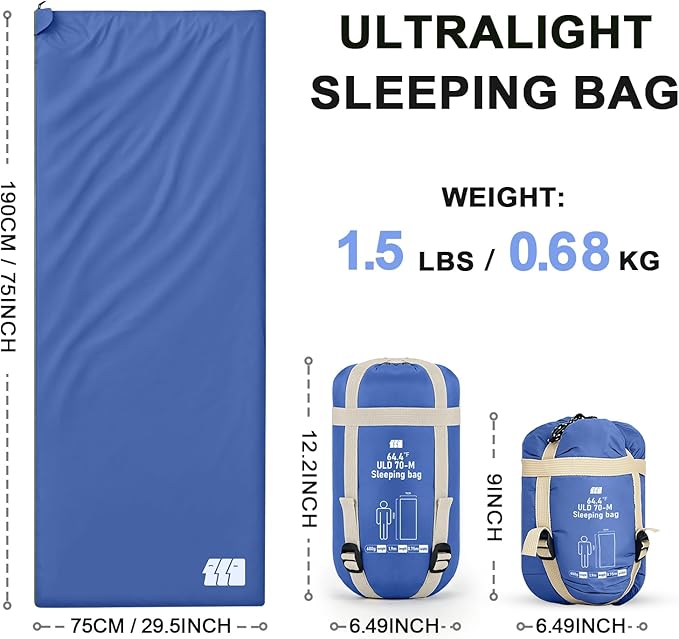 Ultralight Warm Weather Sleeping Bag - Portable, Waterproof, Compact Lightweight, Comfort with Compression Sack - Great for Outdoor Camping, Backpacking & Hiking