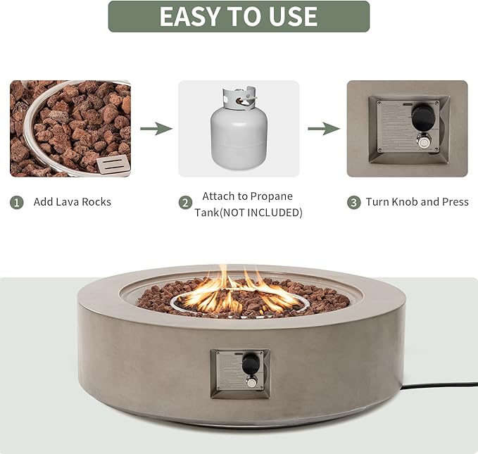 COSIEST 42 inch Outdoor Propane Fire Pit Coffee Table w Concrete Round Base Patio Heater, 50,000 BTU Stainless Steel Burner, Free Lava Rocks, Rain Cover(Gray)