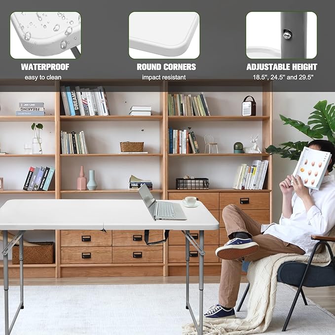 Folding Table 4 Foot Portable Heavy Duty Plastic Fold-in-Half Utility Table Small Indoor Outdoor Adjustable Height Folding with Carrying Handle, Camping and Party,White