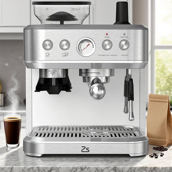 15 Bar Express Espresso Machine with Built-in Grinder,Stainless Steel Semi Automatic Espresso Maker,Dual PID Control, 80oz Water Tank,Heating, Milk Frother & Auto-Cleaning,for Lattes and Cappuccinos