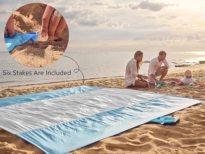 WEKAPO Beach Blanket Sandproof Waterproof, Extra Large Beach Mat, Oversized & Compact Sand Free Mat Quick Drying, Lightweight & Durable with 6 Stakes & 4 Corner Pockets