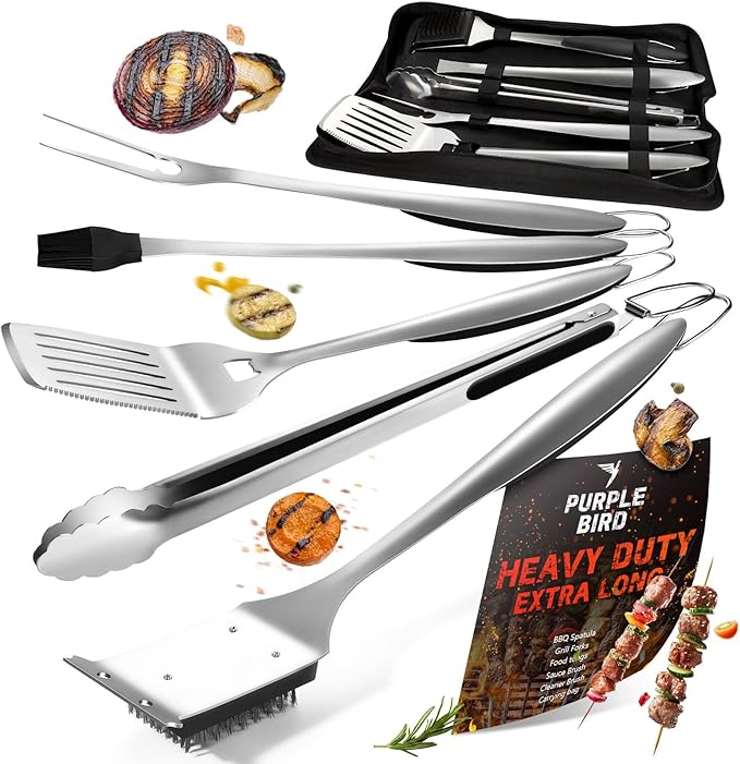 PURPLEBIRD Grill Set for Outdoor Grill 6 pcs - Heavy Duty Grilling Tools Set with Extra Long Handle, Stainless Grilling Accessories for Dad Gifts with Travel Bag, BBQ Utensils Kit for Outdoor Camping