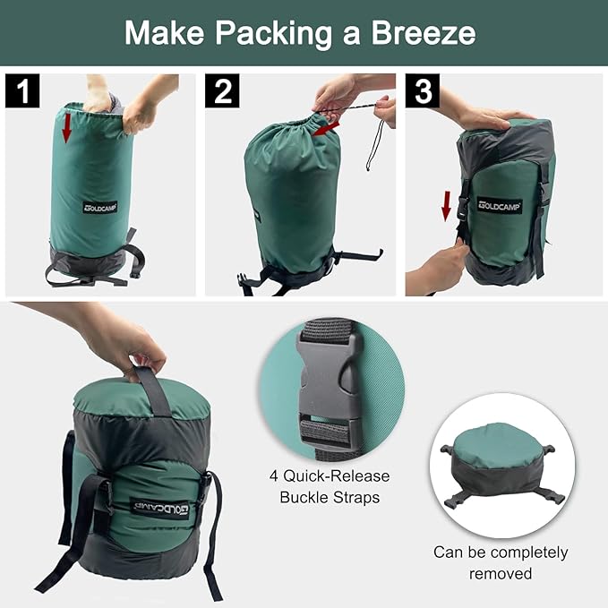 GoldCamp compression stuff sack for Ultralight sleeping bag, space saving gear with dust flap,18L/30L/43L/49L/65L Compression Stuff Sack, Waterproof, Camping, Travel, Outdoor, Backpacking(Green, M)