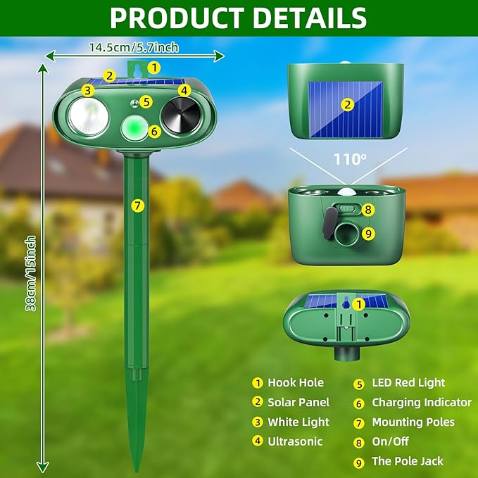 2025 4Pack Solar Ultrasonic Animal Repellent Outdoor Deer Repellent Devices with Motion Detection&Flash Lights,Waterproof Squirrel Skunk Raccoon Dog Cat Deterrent for Yard Patio Farm Garden