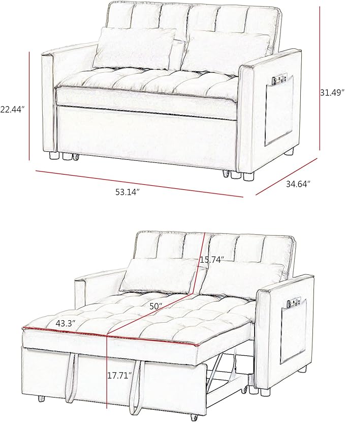 53" Convertible Sofa Bed with Pull-Out Bed - Velvet 3-in-1 Reclining Futon Loveseat, Space-Saving Sleeper Couch with Adjustable Backrest & Side Pockets, Modern Living Room Furniture (Grey, Full Size)