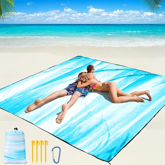 Beach Blanket Waterproof Sandproof Beach Mat 79" X 83"/10'x9'for 2-8 Adults Quick Drying Outdoor Picnic Mat Beach Accessories for Travel, Camping, Hiking
