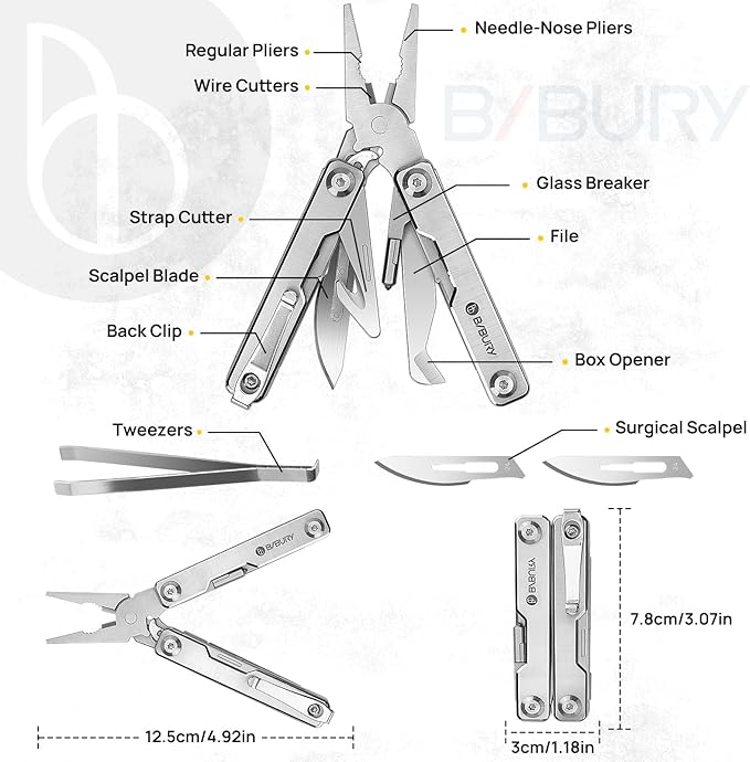 BIBURY Mini Multitool Pliers BI2051A, Mini Pocket Pliers with Window Breaker, Seat Belt Cutter, Bottle Opener for Outdoor Survival, EDC Multi Tool with Pocket Clip, Gifts for Men and Women