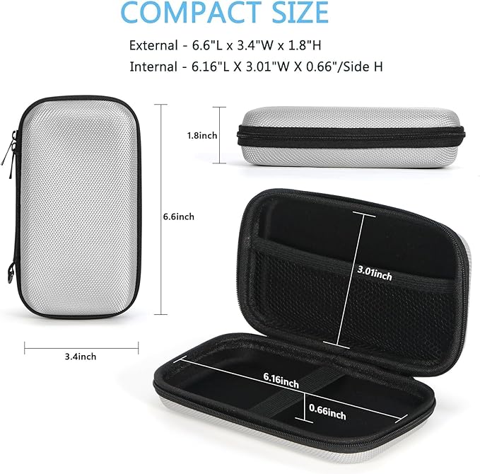 GLCON Portable Protection Hard EVA Travel Carrying Case with Mesh Pocket, Shockproof Exterior - Universal Small Electronic Tech Zipper Bag Pouch Organizer for Cell Phone, Charger, Cord, Cable - Silver