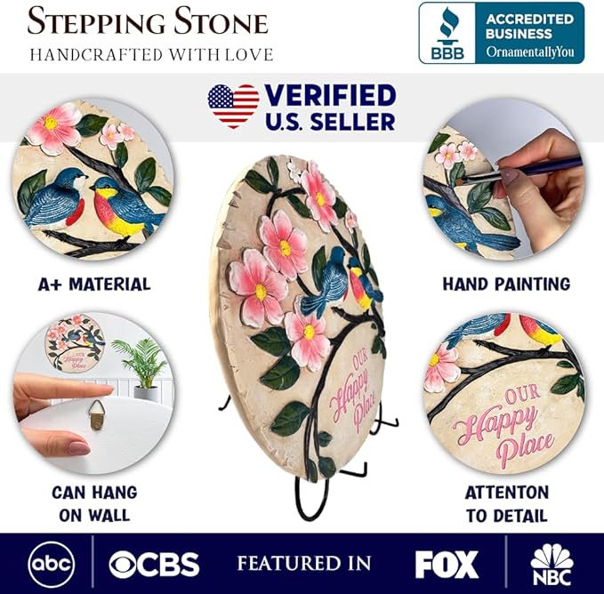 Elegant Resin Stepping Stone, Outdoor Garden Pathway Decoration (Blossoming Songbirds Positivity Stepping Stone, 9.5" Happiness Garden Decoration and Support Gift)
