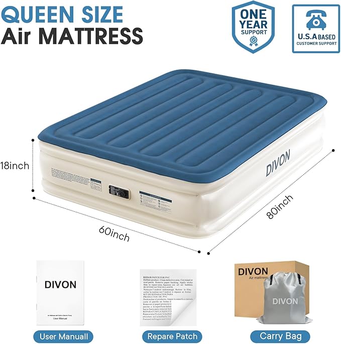 DIVON Air Mattress Queen with Built in Pump,18'' Raised Self Inflatable Mattress,Foldable Blow Up Mattress in 3 Mins,Portable Air Bed for Camping,Travel&Floor,Queen Size Air Matress for Adults,660lbs