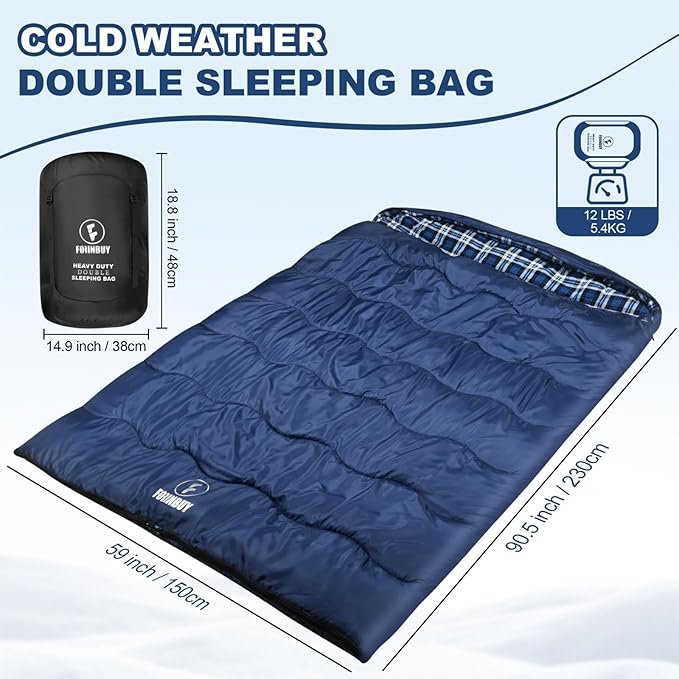 0 Degree Flannel Double Sleeping Bag for Adults, Couples or Family - Winter Queen Size Waterproof & Warm 2-Person Sleeping Bag for Cold Weather Camping, RV Travel
