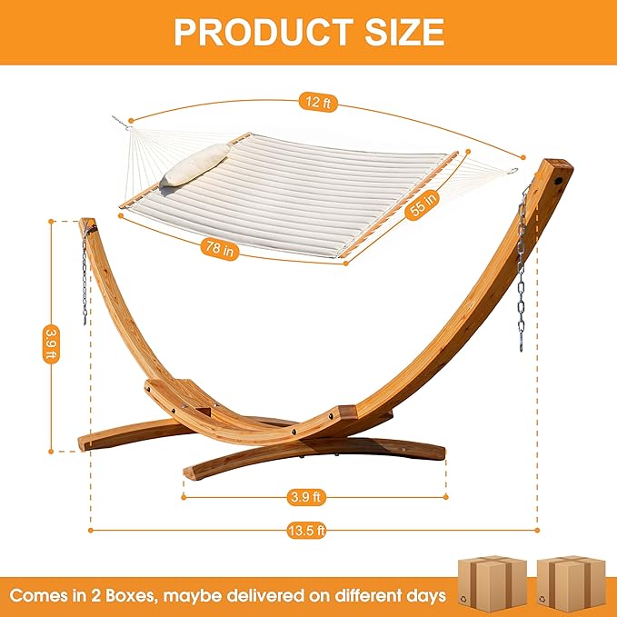 Lazy Daze Hammocks 12 FT Double Quilted Fabric Hammock and 13 FT Natural Wooden Arc Stand, with Spreader Bar, Removable Pillow, 2 Person Hammock for Poolside Outdoor Patio, 450 lb Capacity, Natural