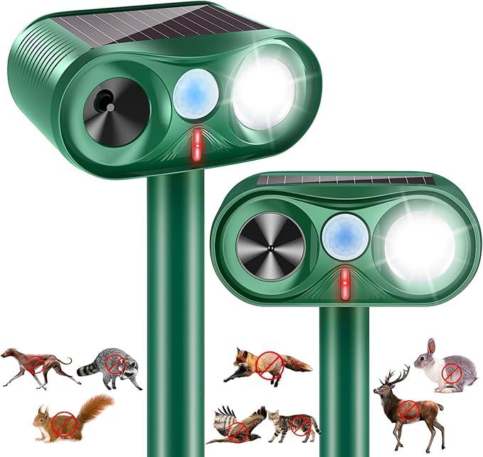 2025 2Pack Solar Ultrasonic Animal Repellent Outdoor Deer Repellent Devices with Motion Detection Waterproof Cat Repellent Outdoor Dog Raccoon Squirrel Rabbit Skunk Deterrents for Yard Garden Farm