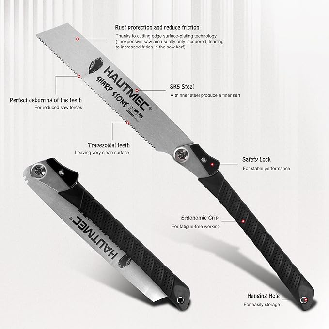 HAUTMEC Folding Japanese Pull Saw, 9-Inch Hand Wood Saw with SK5 Blade, 17TPI Sharp Trapezoid Teeth, Dual Cutting Angle, Pro Handsaw for Fine & Fast Cuts – HT0312
