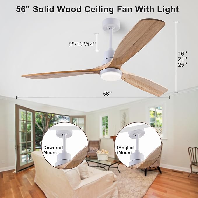 56" Wooden Ceiling Fans with Lighted Remote Control, Indoor Outdoor Wooden Ceiling Fan, Outdoor Modern Ceiling Fan with 3 Fan Blades for Patio, Living Room, Bedroom, Farmhouse etc.…