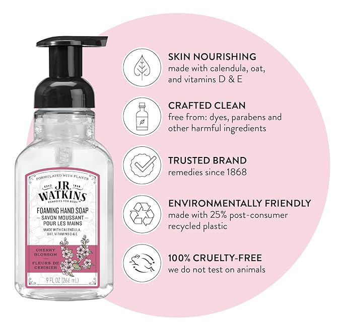 J.R. Watkins Foaming Hand Soap Pump with Dispenser, Moisturizing All Natural Foam, Alcohol-Free, Cruelty-Free, USA Made, Use as Kitchen or Bathroom Soap, Cherry Blossom, 9 fl oz, 3 Pack
